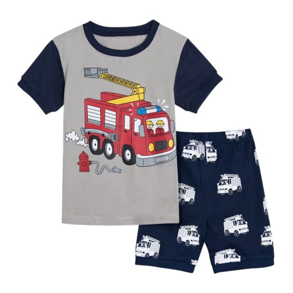 Pyjama t-shirt polo en short grijs en blauw met brandweerwagenmotief modieus