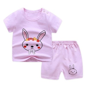 Paars en roze tweedelig pyjama t-shirt en short met konijnenmotief van modieus katoen