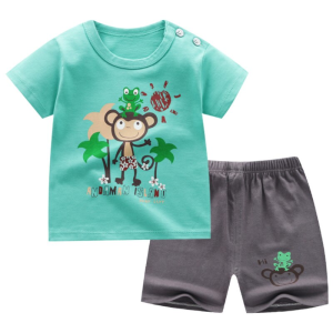 Zomerpyjama, t-shirt en korte broek met apenmotief voor kinderen in groen en grijs
