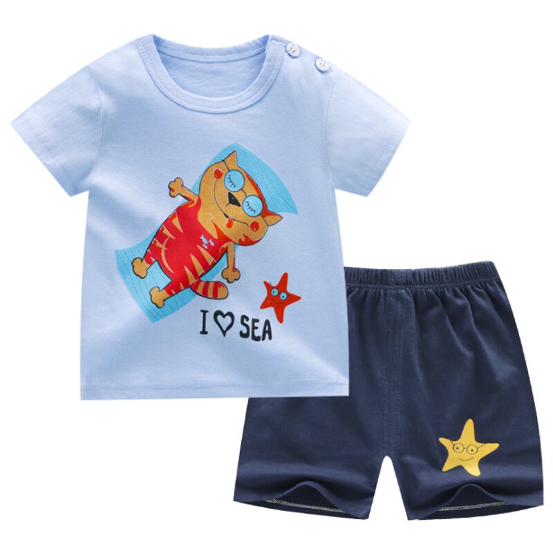Zomer pyjama t-shirt en korte broek blauw kat patroon voor kinderen modieus