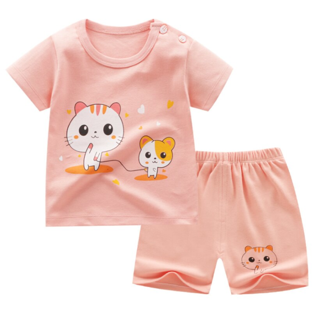 Modieuze meisjes zomerpyjama met roze kattenprint t-shirt en korte broek