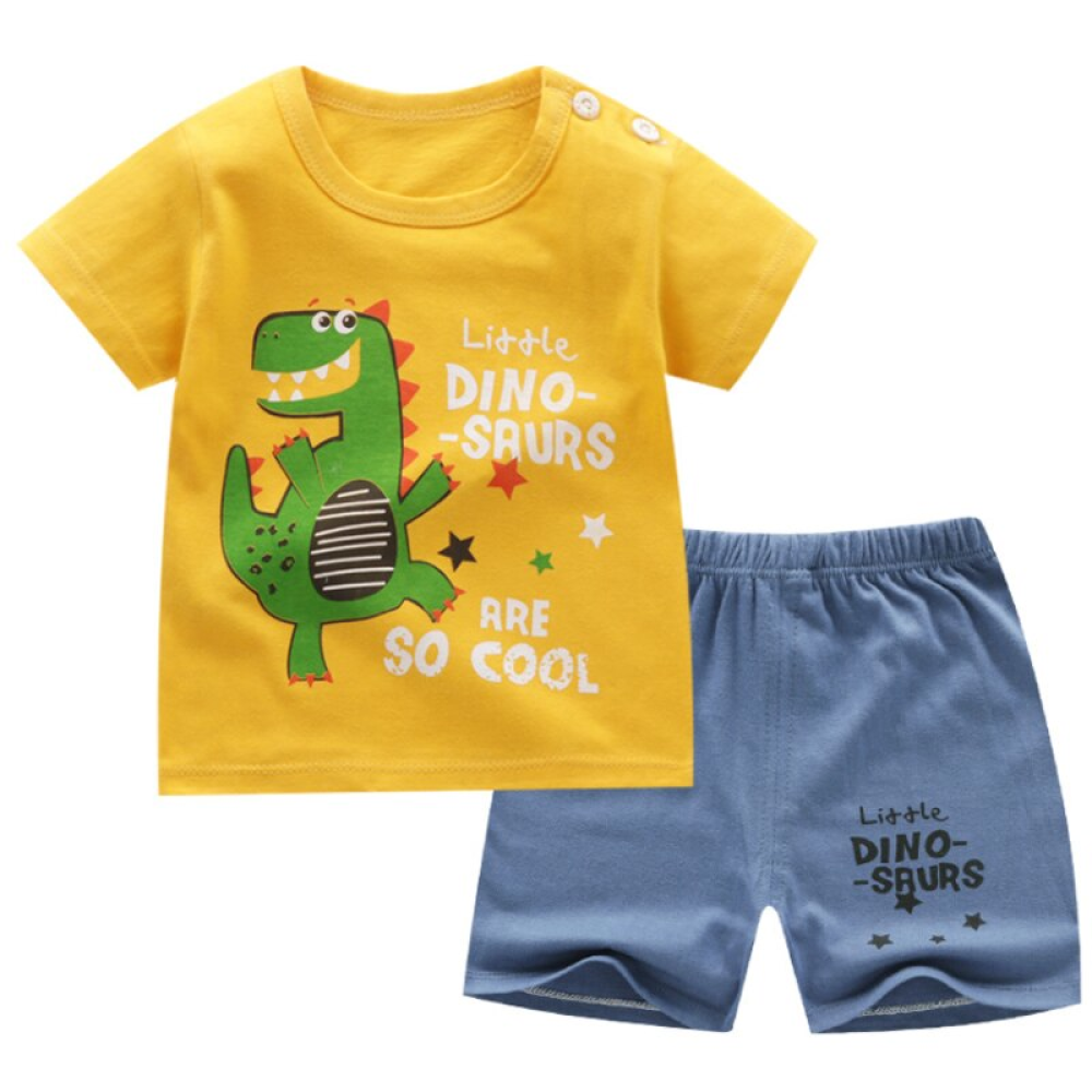 Dinosaurus zomer pyjama voor kinderen geel met blauwe korte broek modieus