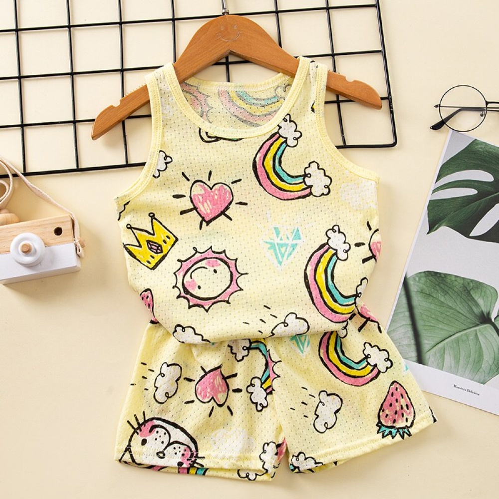 Regenboog katoenen zomerpyjama set voor kinderen op een modieuze riem