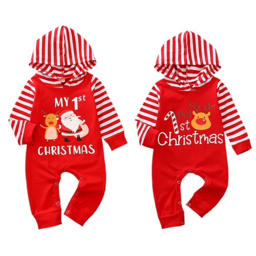 Modieuze rode kerst jumpsuit met capuchon voor pasgeboren jongens en meisjes