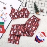 2-delige rode satijnen kerstpyjama voor dames met modieuze kerstversiering
