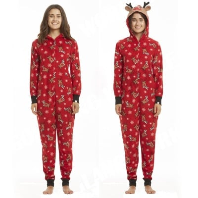 Giggling Getup Kerstpyjama's met capuchon voor volwassenen, kerstjumpsuits outfits, Rood en Bruin, L