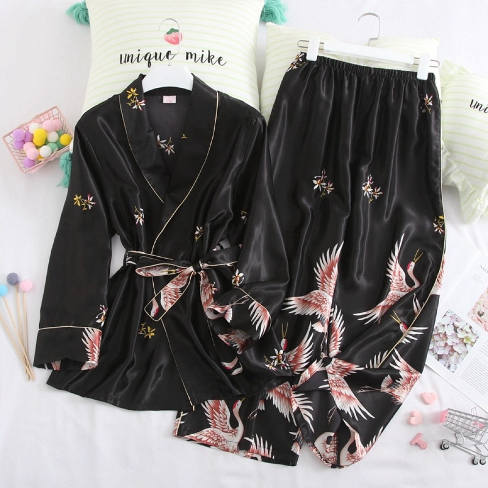 KIMU® Kimono Lichtblauw Kort - Maat M-L - Yukata Satijn Boven de Knie