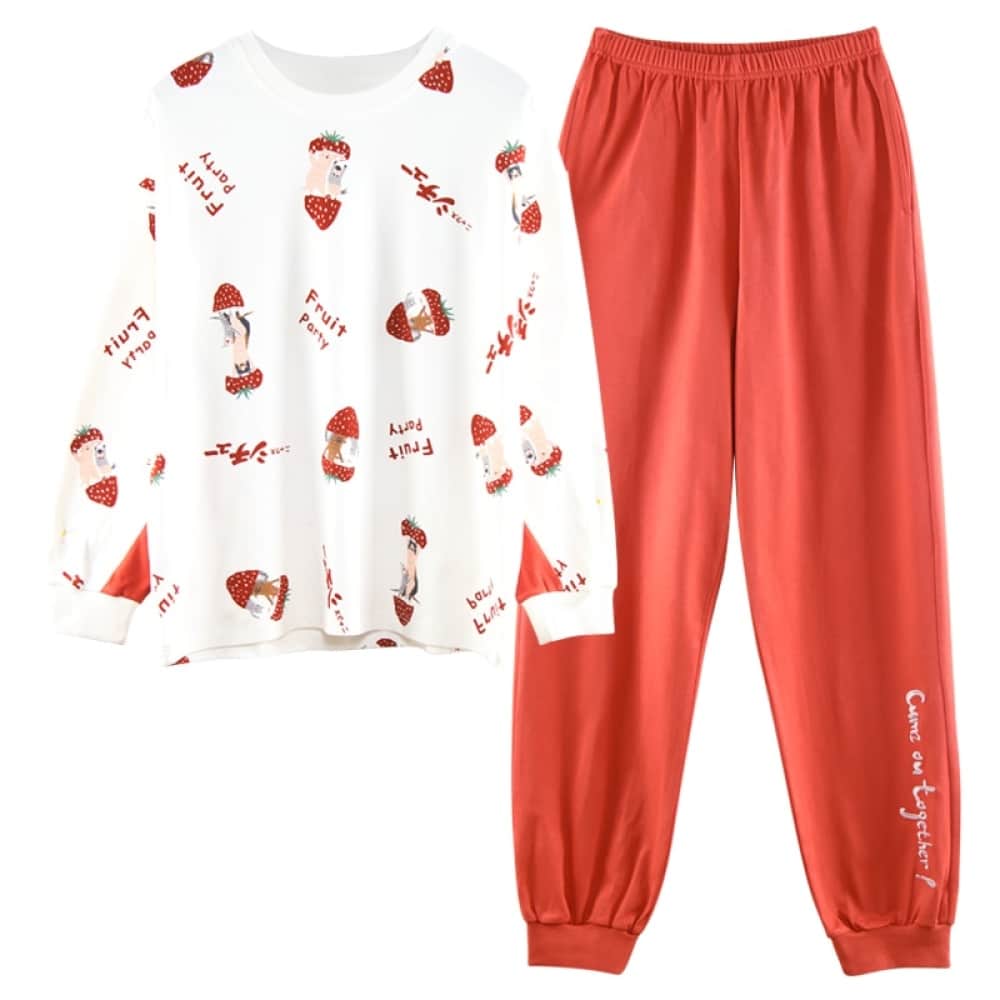 Herfstpyjama met witte bedrukte trui en rode broek voor modieuze vrouwen