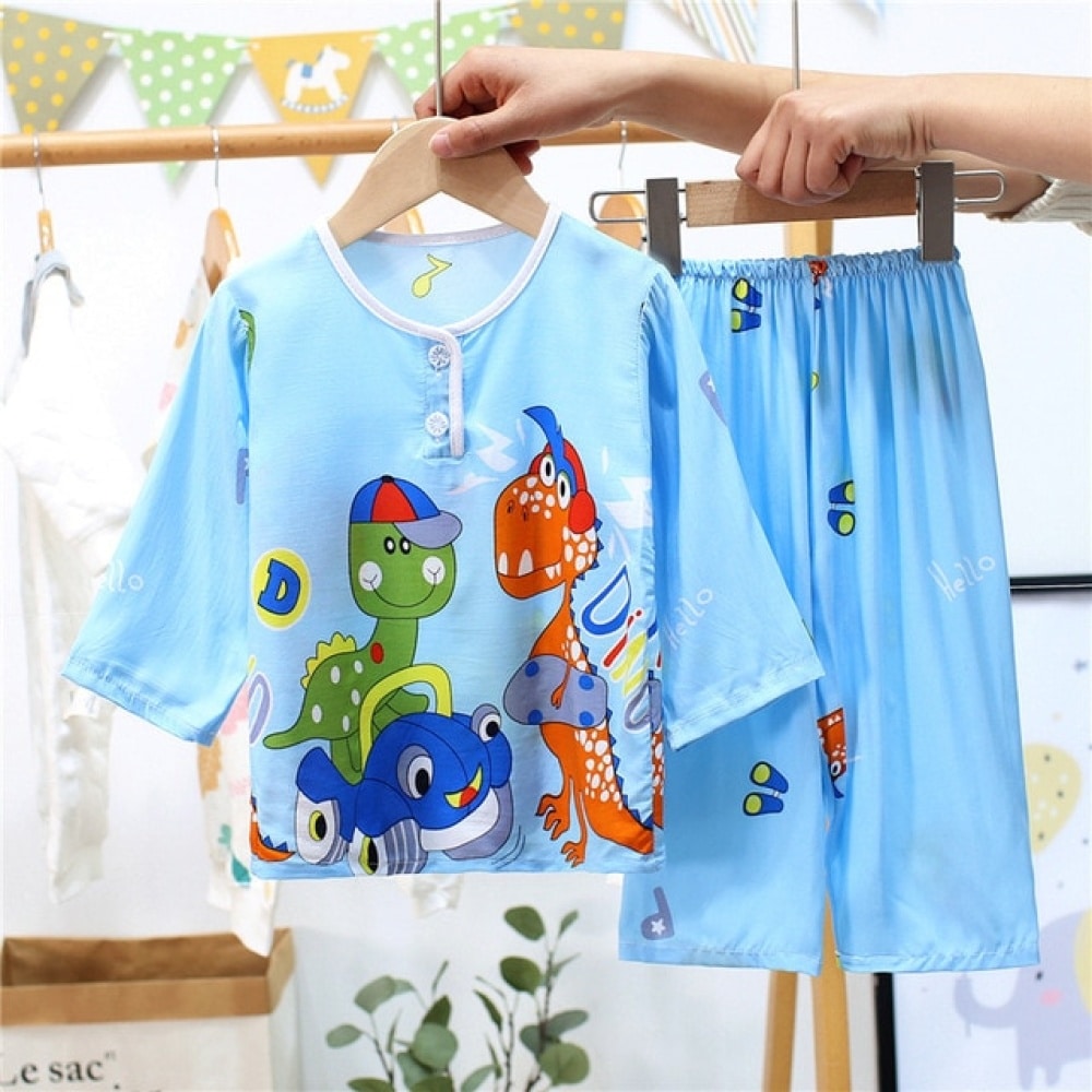 Katoenen pyjama met ronde hals, halflange mouwen, blauw voor kinderen aan een riempje