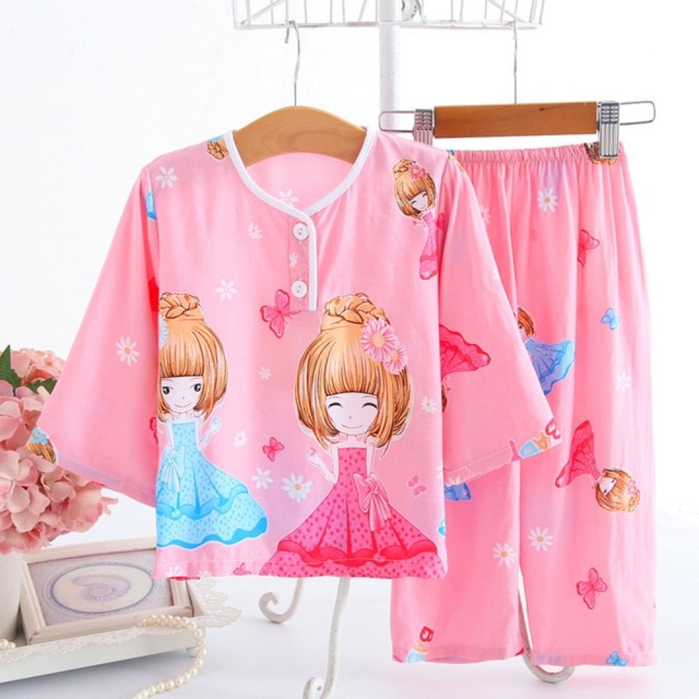 Roze katoenen pyjama met prinsessenmotief voor meisje aan riempje
