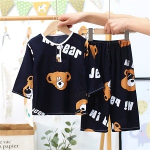 Zwarte zomerpyjama van katoen met berenprint op de riem