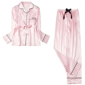 Tweedelige damespyjama met witte en roze strepen en lange mouwen, zeer hoge kwaliteit