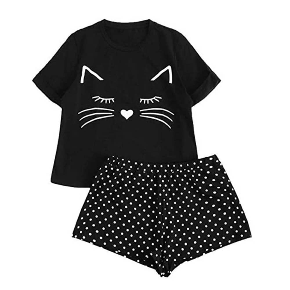 Zwarte nylon pyjamaset met kattenprint voor modieuze vrouwen
