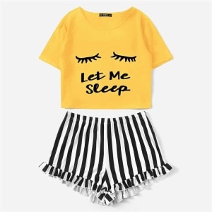 Tweedelige zomerpyjama voor dames in geel met wimpermotief en zwart-witte streep