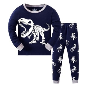 Tweedelige pyjama met dinosaurusprint voor kleine jongen, blauw en grijs met witte achtergrond